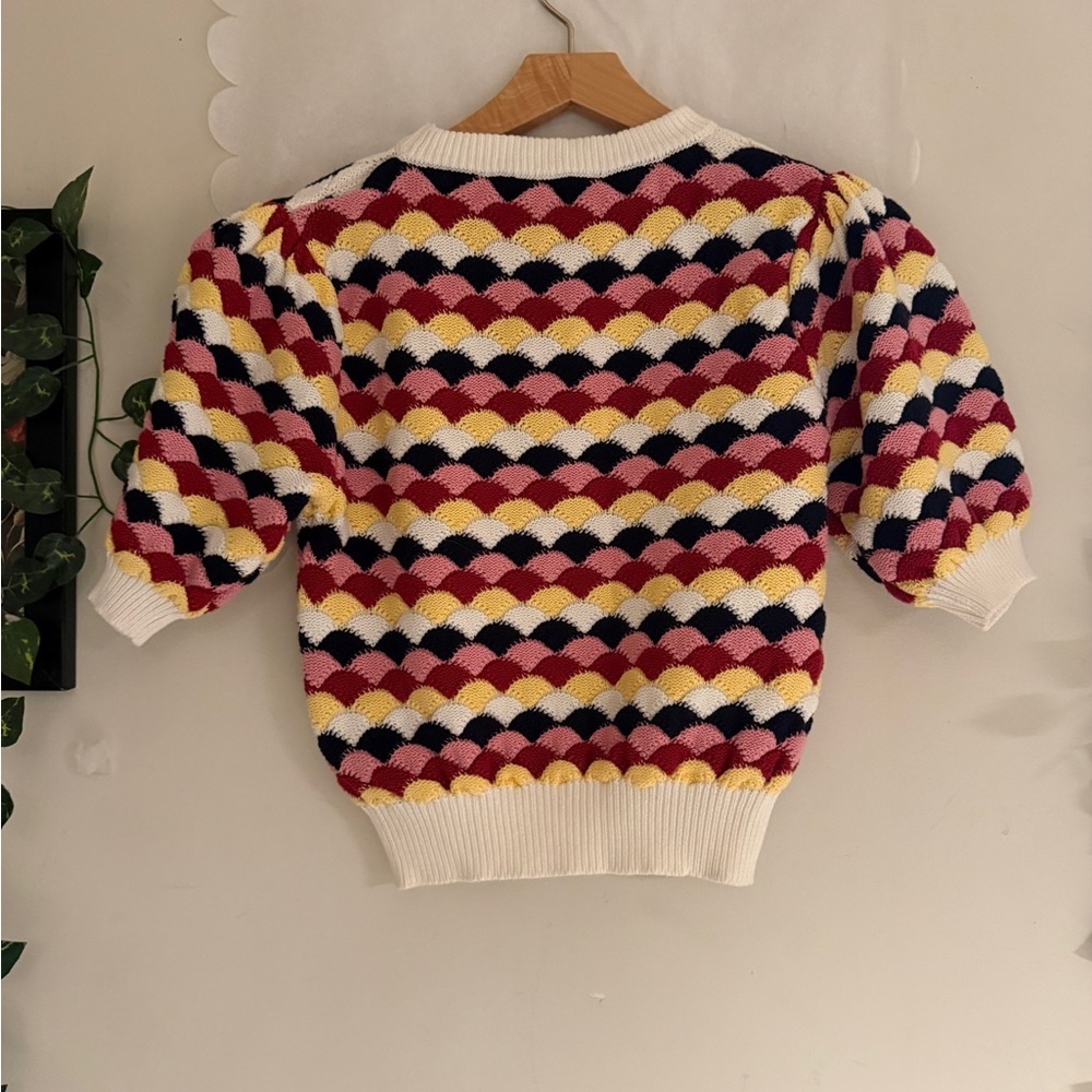 Zara Multicolor Scallop Short-Sleeve Cotton Crochet Knit Sweater Women Small - Picture 7 of 14